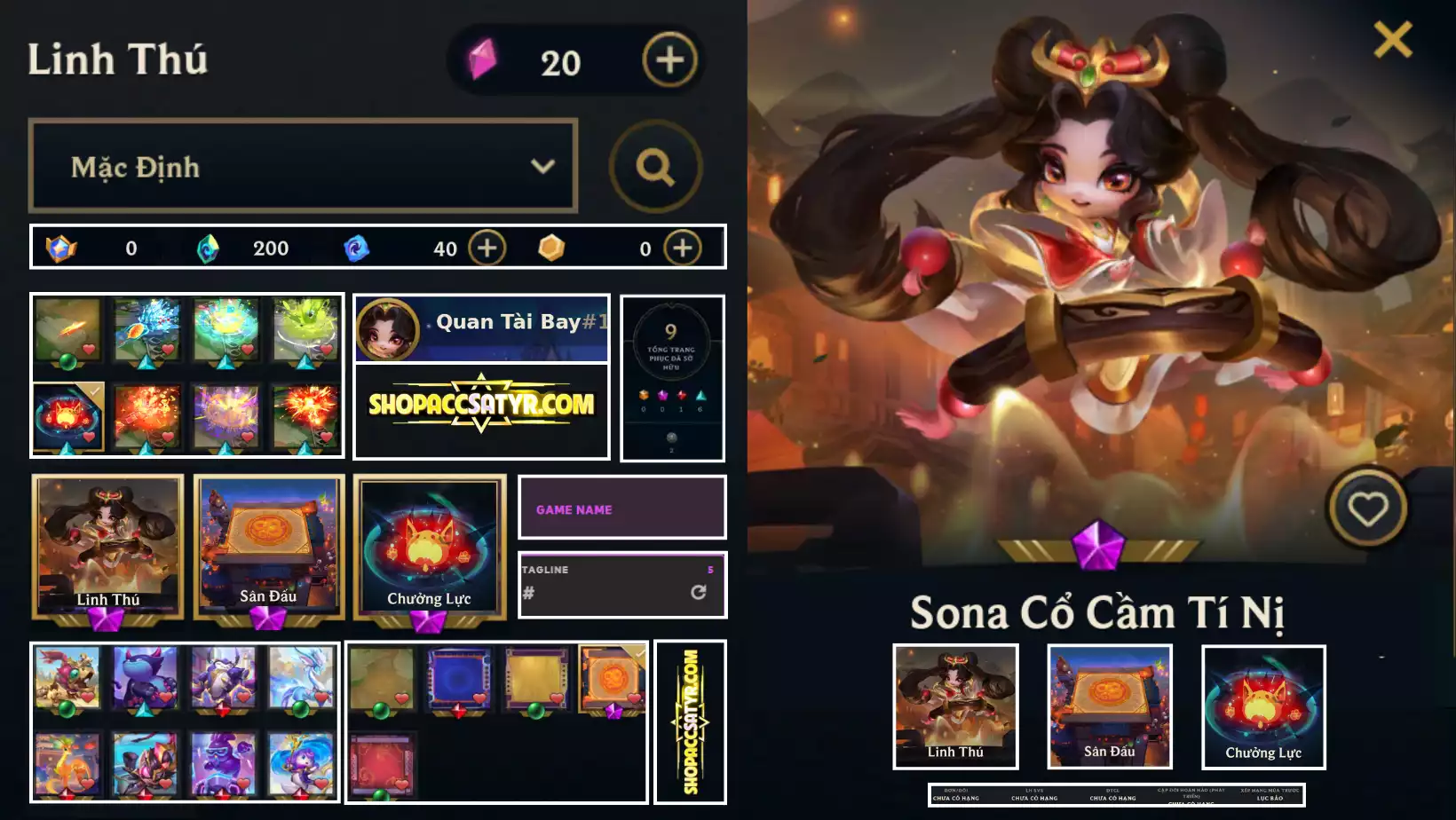 SONA CỔ CẦM TÍ NỊ  SÂN CAO ỐC KIM LONG  NHIỀU PET 3 SAO SÂN ĐỎ NHIỀU CHƯỞNG LỰC  RANK BẠC LV 26 9 SKIN CÒN ĐỔI TÊN